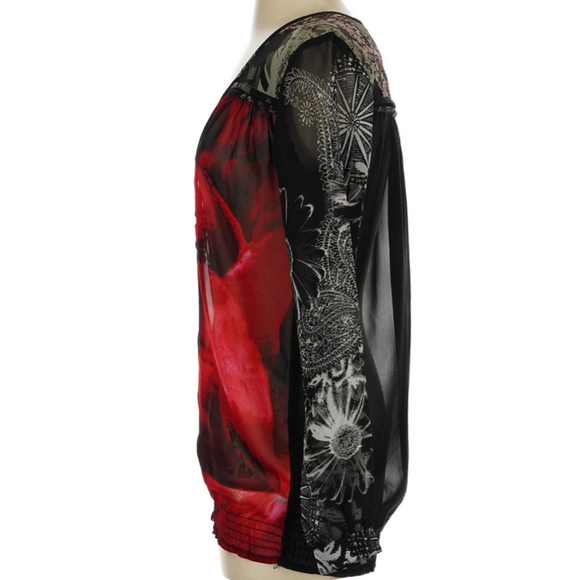Desigual Black Red Floral Long Sleeve Blouse Women's Small - Picture 4 of 6